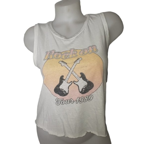 POOLHOUSE Tops - POOLHOUSE ROCK ON TOUR 1989 WHITE CROPPED TANK TOP MUSCLE TEE SIZE SMALL